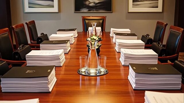 Empty formal conference room table neatly prepared with stacks of documents and water glasses for a professional meeting.