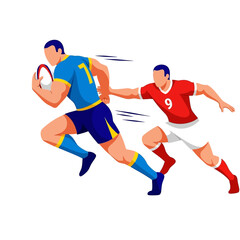 Obraz premium Rugby players running with ball, one tackling another, dynamic action, sport illustration