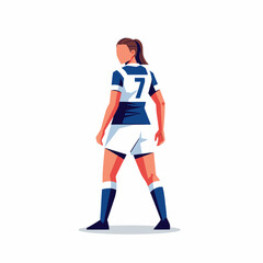 Female soccer player in uniform, number 7, standing on white background, looking back
