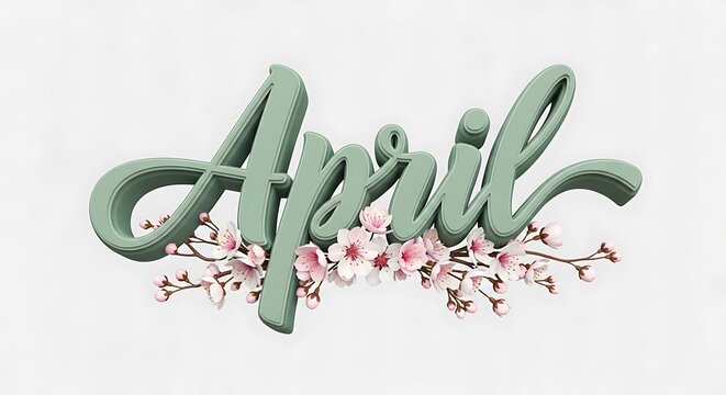 Beautifully scripted word april with delicate pink flowers in the background