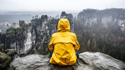 Fototapeta premium Backpacker in yellow rain jacket seated on cliff edge overlooking rocky valley for hiking background and travel poster