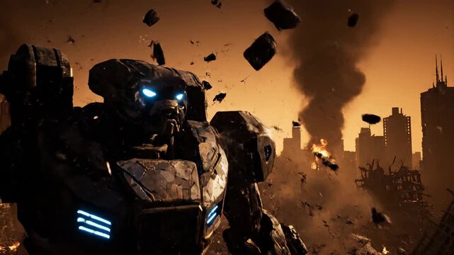 A large robotic figure stands in a destroyed cityscape, fire and smoke erupt