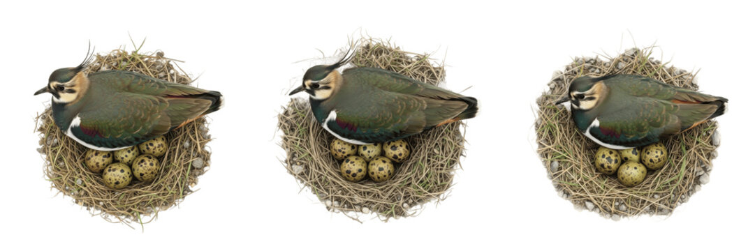 Northern Lapwing (Vanellus vanellus) in shallow ground nest with eggs isolated on white background, Charadriidae wader bird breeding habitat studio cutout image