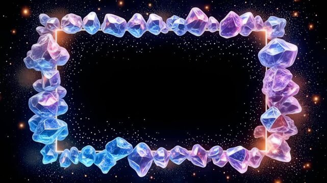 An ethereal Iridescent Border Frame made of morphing prisms emerges from the depths, surrounded by glimmering particles of light cascading in vibrant hues, creating a mesmerizing dance that
