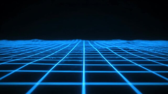 A Blue Neon Grid Pulsing dynamically in Dark Space, representing a futuristic data network concept for digital transformation and technology