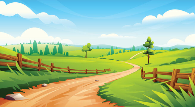 Scenic rural road passing through green fields with a wooden fence and leafy trees. Vector cartoon landscape illustration