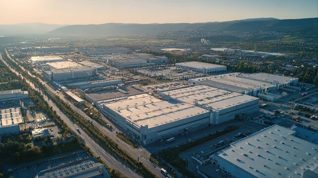 Aerial drone view of a massive logistics warehouse park near a highway, showing distribution buildings and supply chain infrastructure at sunset.