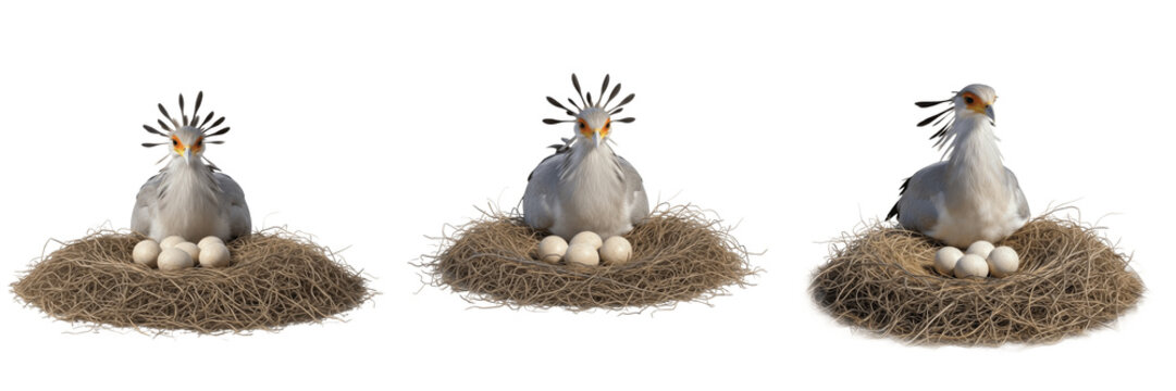 Secretary Bird (Sagittarius serpentarius) in ground nest with eggs isolated on white background, Sagittariidae African raptor breeding habitat studio cutout image