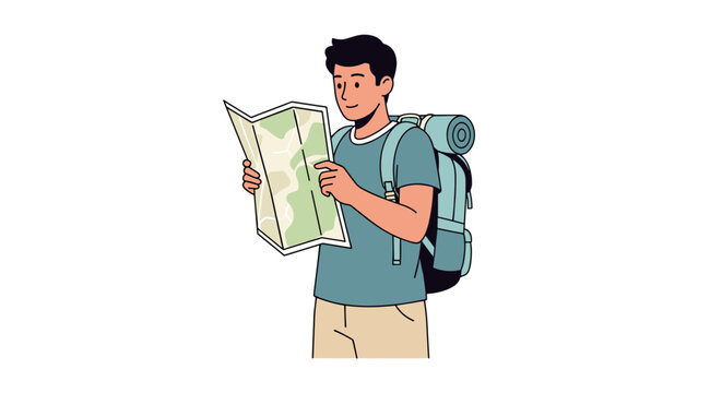 Young man with backpack holding a map and navigating outdoors.
