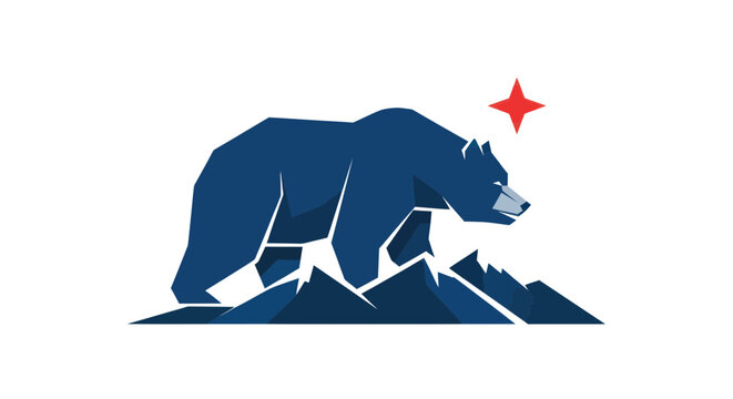 Stylized California Bear Flag Emblem with Red Star and Mountains