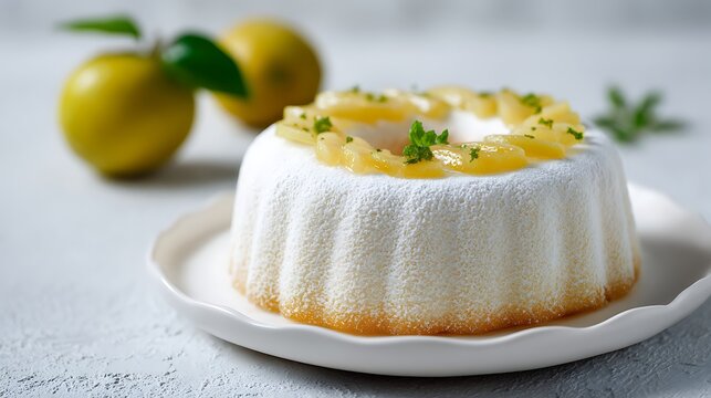 Angel food cake with lemon curd ring, a light dessert, food styling, elegant dessert served on a decorative plate in a bright, airy setting.
