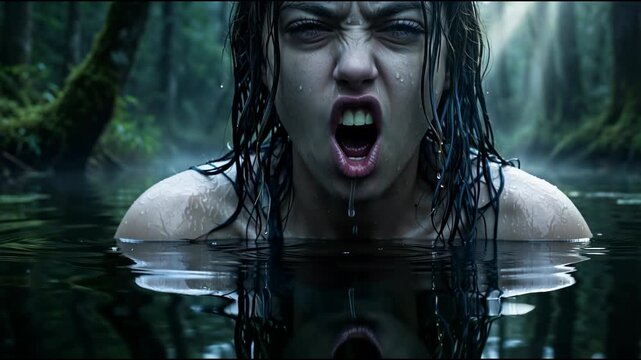 A woman submerged in dark water experiencing intense fear and desperation, forest reflection