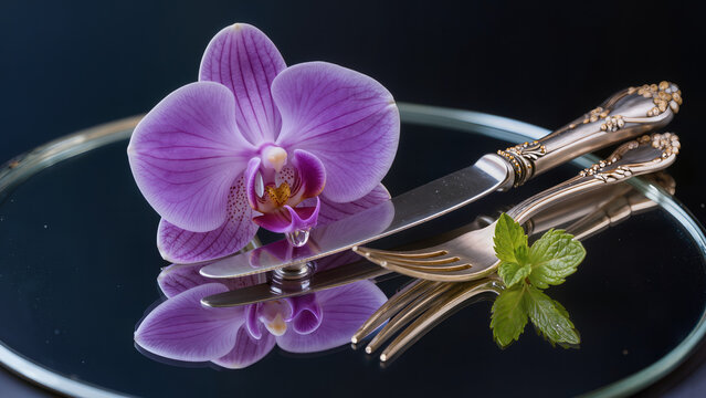 Vibrant Purple Orchid Luxury Gourmet Presentation on Silver Platter with Sterling Fork and Knife on Deep Navy Blue Background Top-Down Macro with Reflective Floor and Nectar Droplet Detail