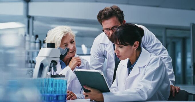 Research, science and people in lab, tablet for test results and experiment for medical cure. Scientist, man and women in workplace, tech and collaboration for digital solution, clinical trial or app