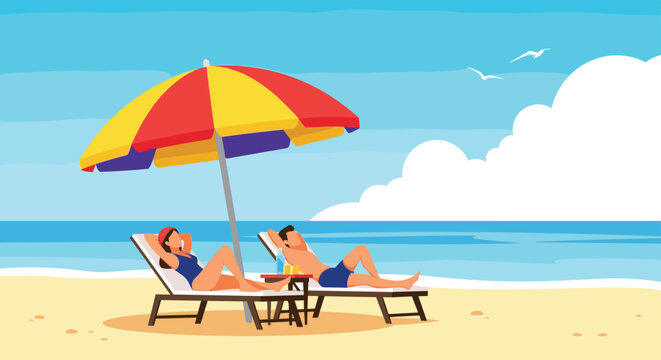 Young couple relaxing and sunbathing on lounge chairs under a colorful umbrella at a beautiful tropical beach with ocean waves.