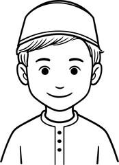 Obraz premium Smiling boy wearing traditional Muslim cap and kurta Black and white vector illustration 