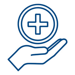 Obraz premium Blue Outline Hand Holding Medical Cross Icon for App UI