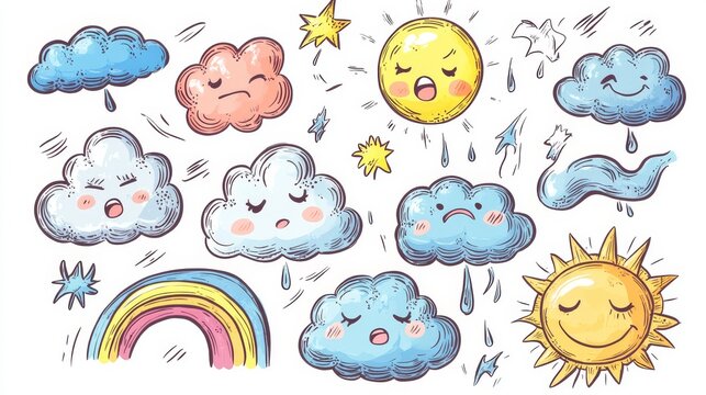 8.Concept = Cloud rain weather cartoon cute set. Cloud, sun, moon weather character with smile and angry face. Hand drawn doodle sketch style. Rainbow, wind, tornado doodle character. Vector