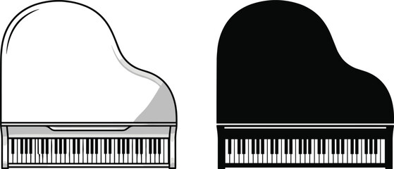 Grand Piano Front View Illustration and Silhouette Isolated on White Background Classic Musical Instrument Vector Set © Ideasy Mind