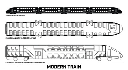 Modern High Speed Train Blueprint with Side Profile Floor Plan and Cross Section Interior Layout Illustration © Ideasy Mind