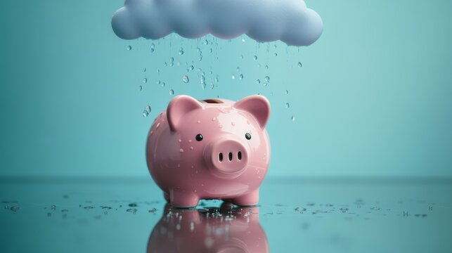 22.Isolated piggy bank on reflective surface as cartoon-style storm clouds hover above, dropping raindrops in a symbol of financial trouble
