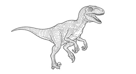 Fototapeta premium Detailed black and white line art illustration of a velociraptor dinosaur in an aggressive pose with its mouth open.