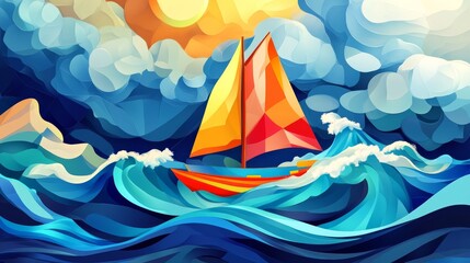 Naklejka premium 34.Vibrant storm-at-sea illustration featuring stylized wave crests, a brightly colored sailboat battling rough water, and a dramatic cloudy sky in soft blue tones