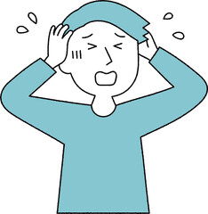 頭を抱えて困っている若い男性単色