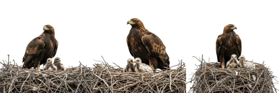 Golden Eagle (Aquila chrysaetos) in mountain nest with eaglets isolated on white background, Accipitridae raptor bird breeding habitat studio cutout image