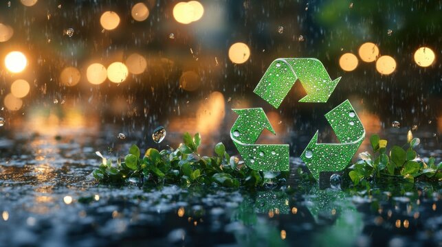 Green Recycle Symbol with Water Droplets in Rain