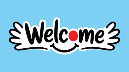 Welcome cartoon typography with heart symbol and doodle wings in playful hand drawn lettering on blue background for greeting card, sticker, banner and decor © Zavivec