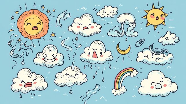 50.Concept = Cloud rain weather cartoon cute set. Cloud, sun, moon weather character with smile and angry face. Hand drawn doodle sketch style. Rainbow, wind, tornado doodle character. Vector
