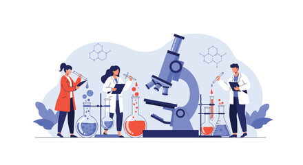 Fototapeta premium Team of professional scientists working in a modern laboratory with a giant microscope and various glassware for research purposes.