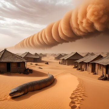 Massive sandworms emerge from the desert, creating a dust storm as they traverse a desolate village. An apocalyptic scene of orange and brown hues.