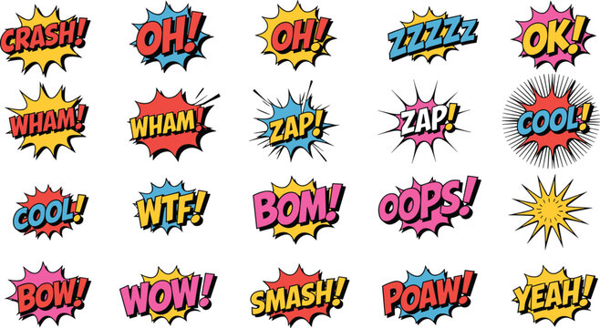 Colorful comic sound effect words in bold and vibrant speech bubbles sound effects