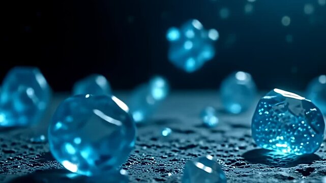 Be captivated by the enchanting sight of a molecule pulsating in transparent crystalline form, adorned with splendid shades of turquoise and cobalt, as it gracefully navigates through a