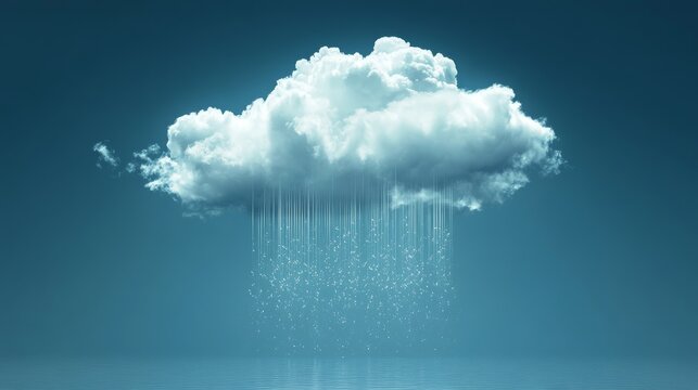 79.Digital artwork of white puffy cloud with vertical line rain drops descending, high contrast against a saturated blue gradient background