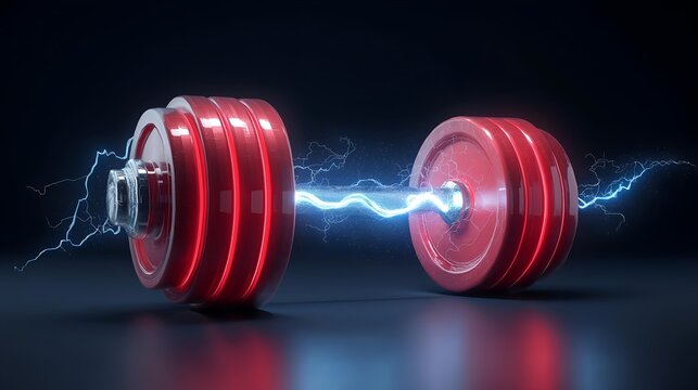 A powerful red dumbbell generating electric energy, symbolizing strength and fitness in a dynamic atmosphere.