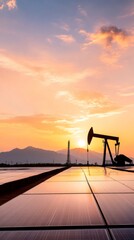 Oil pump stands silhouetted against a vibrant sunset, juxtaposed with a field of solar panels in the foreground, symbolizing the transition from fossil fuels to renewable energy sources