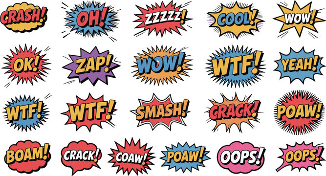 Colorful comic-style speech bubbles with various exclamations and sound effects in bold letters
