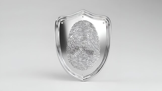 A shiny metallic shield displaying a fingerprint design, symbolizing security and identity protection.