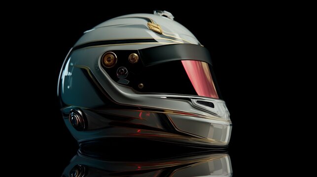 A sleek racing helmet illuminated by dramatic lighting, emphasizing its design and reflective surface.