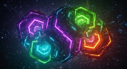 Fototapeta premium A vibrant cluster of neon hexagons glowing in space with a dark background