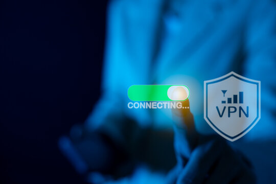VPN, Virtual Private Network Protocol technology, Businesswoman connecting a private and secure connection over public Internet by smartphone for security, Encrypted connection.