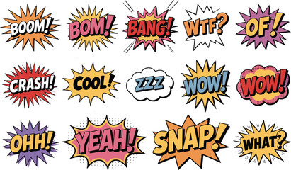 Colorful comic-style speech bubbles with words like boom, bang, wow, and snap © Hey Tahera