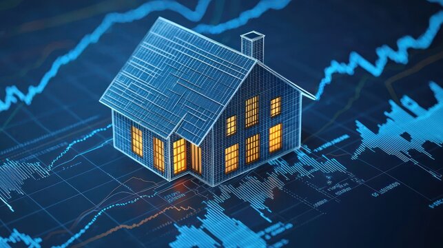 A 3D rendering displays a house overlaid on a complex financial graph. The house is illuminated with warm light, highlighting its architectural details.