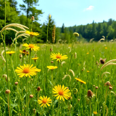 Obraz premium Yellow tansy flowers and field plants, timothy, urchin sway in the wind in sunny meadow near the forest. Allergenic and medicinal summer herbs. Pollination and flowering of summer plants.