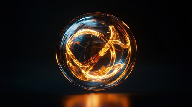 A glowing, spherical orb emits vibrant orange and blue light, creating a dynamic, swirling pattern within its translucent surface.