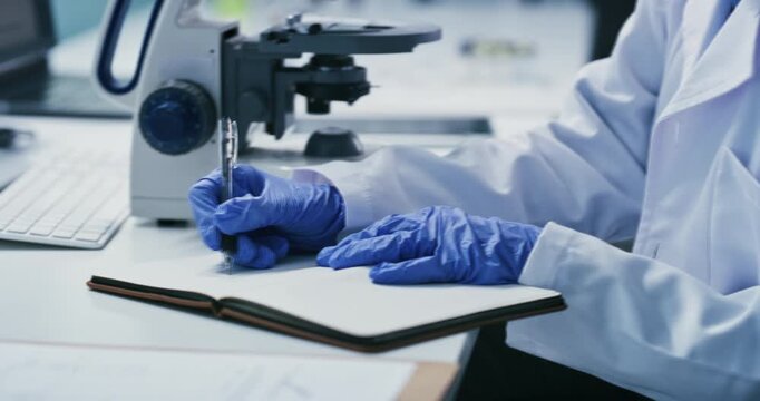 Thinking, scientist and woman with microscope, lab and research for mRNA vaccine and pharmaceutical. Science, innovation and notes for HIV cure development, reflection and mature person with biotech