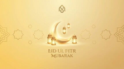 Eid Ul Fitr Mubarak celebration with golden crescent moon and lanterns